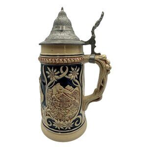 Vintage German Stoneware Beer Stein With Pewter Lid & Hand-Painted Reliefs 0.75L